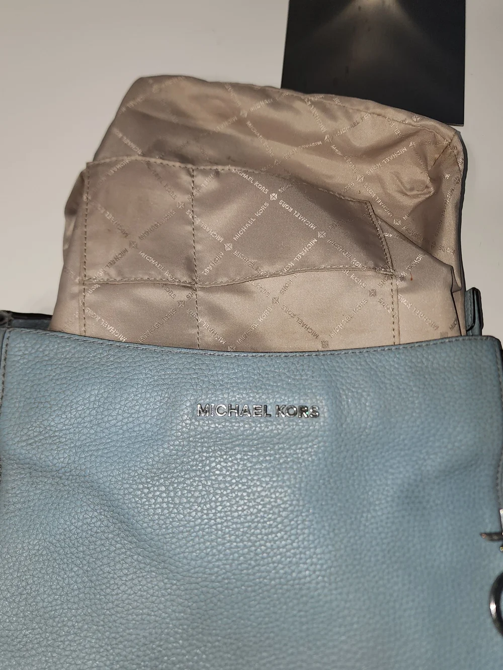 Michael Kors Light Blue Pebbled Leather Shoulder Bag MK Charm Silver Preowned